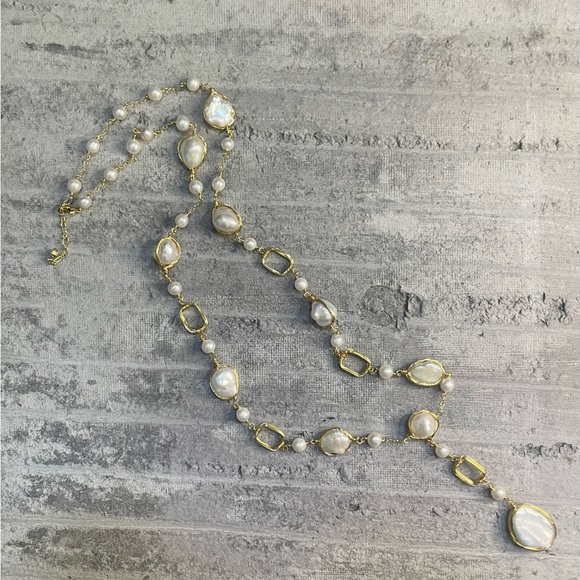 14k E Plated yellow gold Adjustable FWC Pearl wire wrapped Y Necklace 24” to 26” - Picture 5 of 5